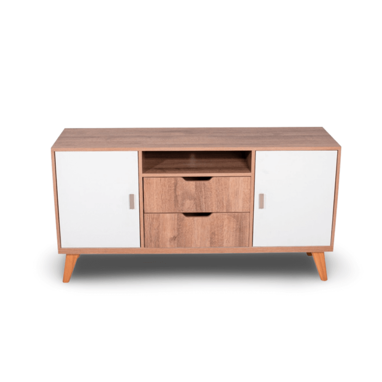 La imagen muestra un aparador de diseño moderno con un acabado en madera clara y detalles en color blanco. El aparador cuenta con dos puertas blancas a los extremos, y en el centro tiene dos cajones de madera y un compartimiento abierto encima de ellos. Las patas del aparador están ligeramente inclinadas hacia afuera, dándole un estilo retro.