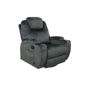 El sillón reclinable Roker presenta un diseño robusto y cómodo, tapizado en un tejido de color gris oscuro que le otorga un aspecto moderno y elegante. El sillón está acolchado en todas las áreas clave, incluyendo el respaldo, los reposabrazos y el asiento, para ofrecer un soporte óptimo y una experiencia de asiento agradable. Además, cuenta con un mecanismo reclinable que permite ajustar la posición del respaldo y el reposapiés para una mayor comodidad. A los lados, tiene bolsillos prácticos para guardar pequeños objetos y en los apoyabrazos se incluye un portavasos, ideal para disfrutar de bebidas mientras se descansa.