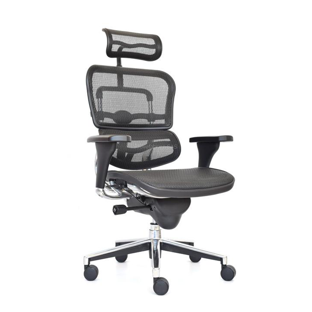 La imagen muestra una silla ergonómica de oficina en color negro. La silla cuenta con un respaldo alto de malla, lo que proporciona ventilación y comodidad. Incluye un reposacabezas ajustable y un soporte lumbar adicional también en malla. Los reposabrazos son ajustables en altura y posición. El asiento de la silla está fabricado en malla, lo que ofrece un soporte cómodo y transpirable. La base es de metal cromado con cinco ruedas, lo que facilita el movimiento.