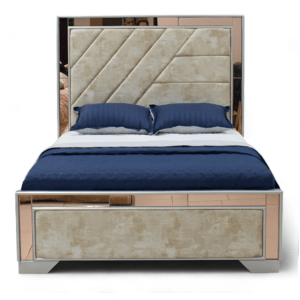 La imagen muestra una cama con un diseño moderno y elegante. El cabecero y el piecero están tapizados en una tela beige texturizada con paneles acolchados dispuestos en un patrón diagonal en el cabecero. El marco de la cama está adornado con espejos, añadiendo un toque de lujo y sofisticación. La cama está vestida con un edredón azul oscuro y almohadas del mismo color, además de una sábana blanca visible en la parte superior.