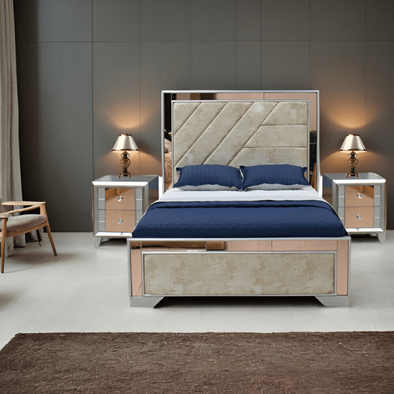 Cama hecha de material de espejo, con colchon, almohadas, nochero y espejo incluidos