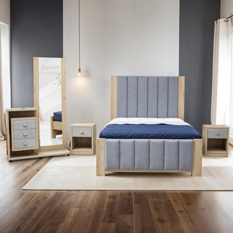 alcoba con estructuras en madera natural y ecologica con detalles en gris, con lamparas, espejos y cajones.