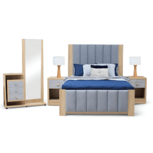 alcoba con estructuras en madera natural y ecologica con detalles en gris, con lamparas, espejos y cajones.