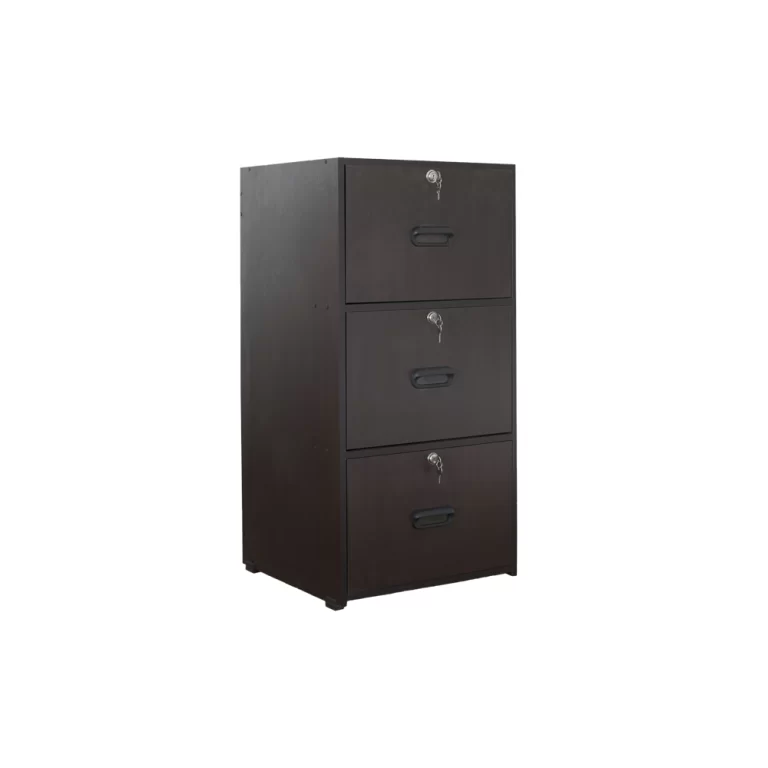 La imagen muestra un archivador vertical de color marrón oscuro. El archivador tiene tres cajones grandes y un cajón más pequeño en la parte superior. Cada uno de los cajones está equipado con una cerradura y una manija negra para facilitar su apertura. La estructura del archivador es robusta y está diseñada para ofrecer almacenamiento seguro y organizado.
