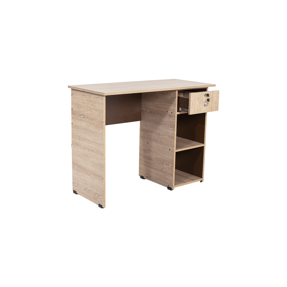 La imagen muestra un escritorio de color madera clara con un diseño minimalista y funcional. El escritorio tiene una superficie de trabajo rectangular y una estructura de soporte sencilla. A la derecha, hay una unidad de almacenamiento con un cajón superior parcialmente abierto y dos estantes abiertos debajo.
